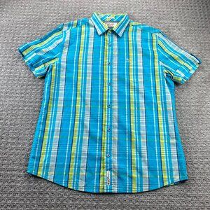 Penguin Shirt Men Large L Teal Yellow Blue Plaid Button Up Casual Polo Classic